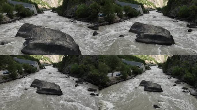 汛期帕隆藏布江中巨石航拍