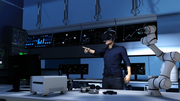 工程师体验佩戴VR眼镜研发开发产品触屏