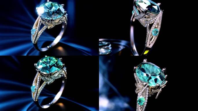钻石珠宝戒指水晶旋转宝石闪亮蓝色浪漫璀璨