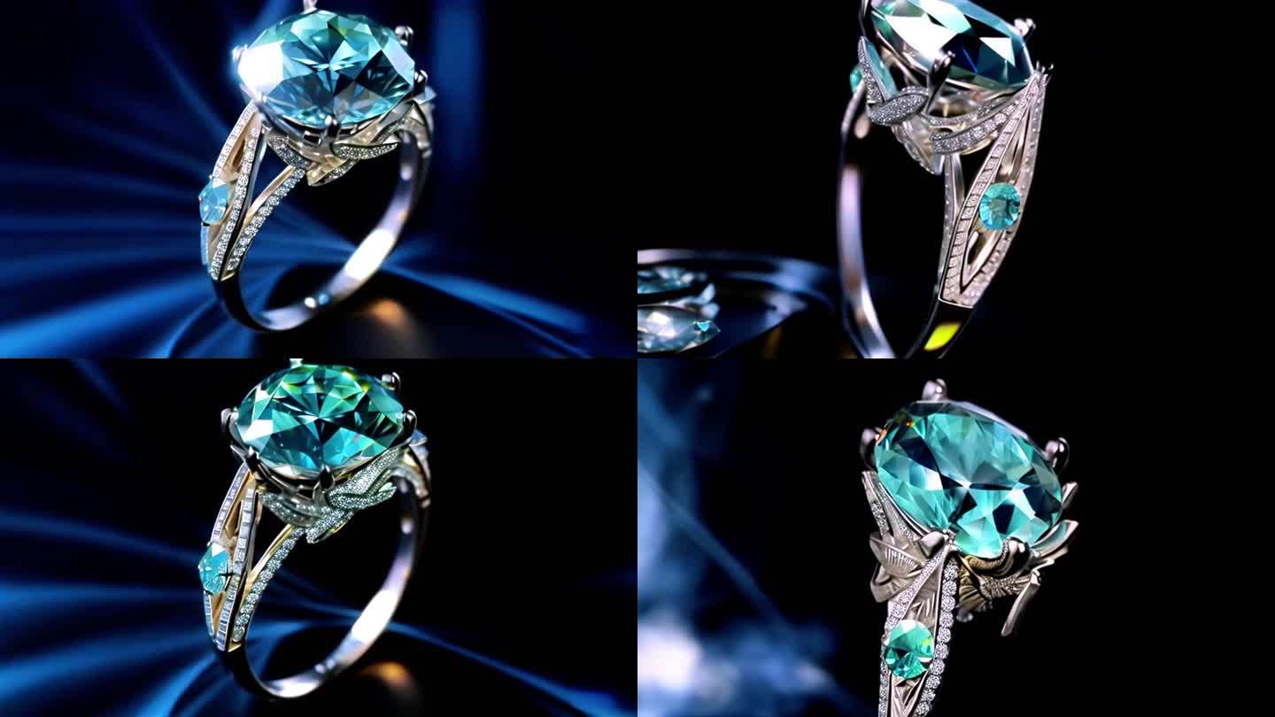 钻石珠宝戒指水晶旋转宝石闪亮蓝色浪漫璀璨