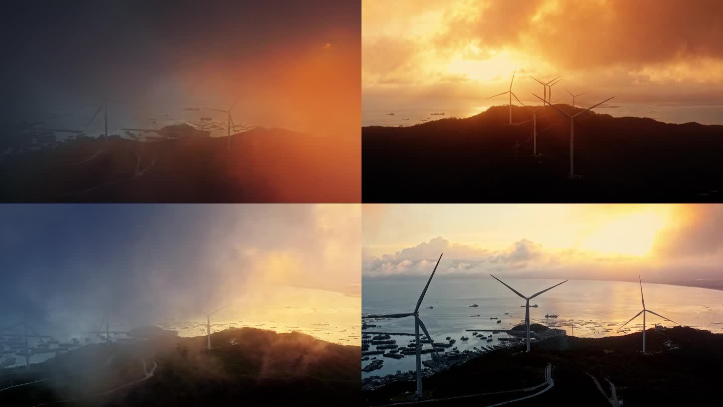 广东阳江海陵岛夕阳下的海边风车