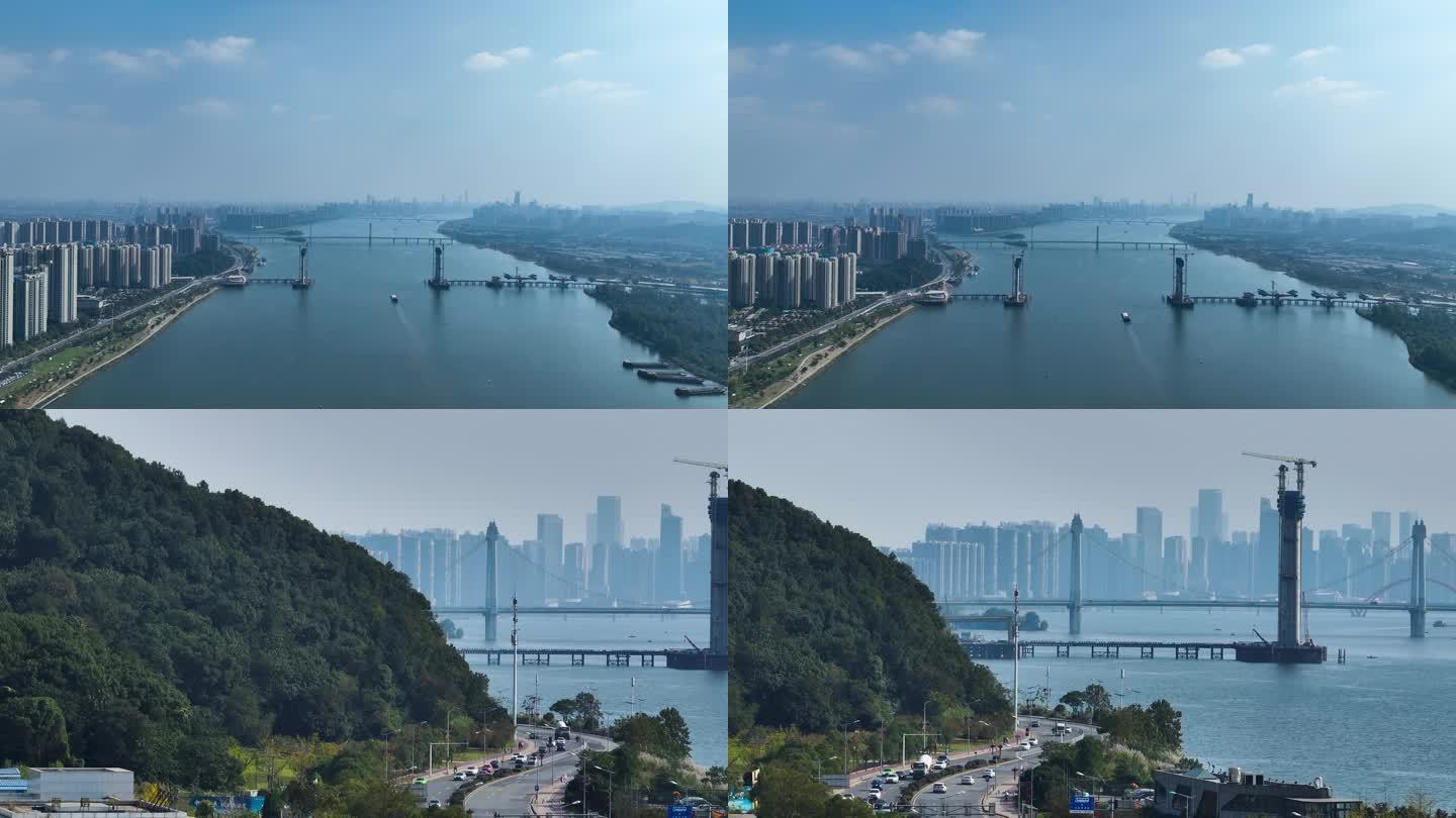 4K航拍长沙湘江河畔跨江大桥9