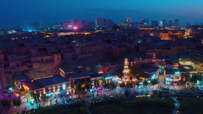 喀什 古城 日落 夜景 霓虹灯