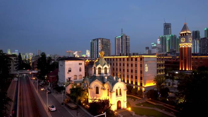 航拍武汉城市地标东正教堂历史建筑夜景街景