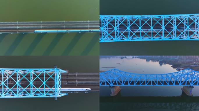 高铁驶过城市跨江大桥