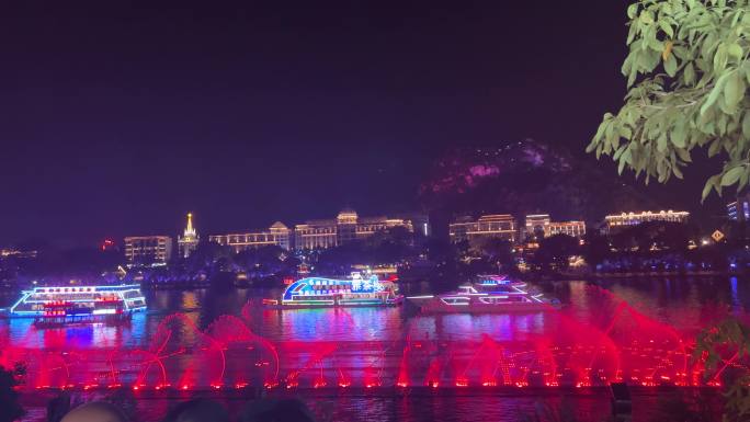 广西柳州市区开灯瞬间夜景柳江音乐喷泉