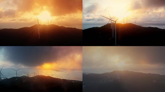 广东阳江海陵岛夕阳下的海边风车
