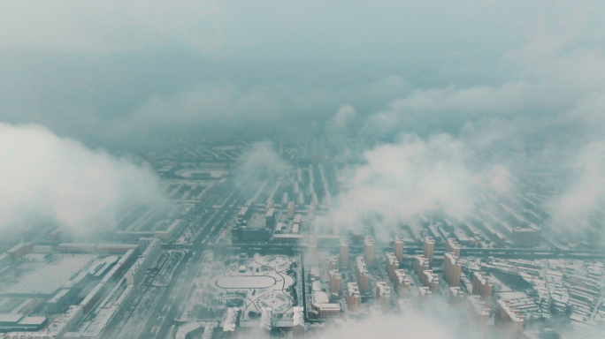 城市雪景清雪下雪