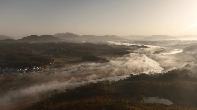 罗田巴水河早晨航拍 大自然氧吧