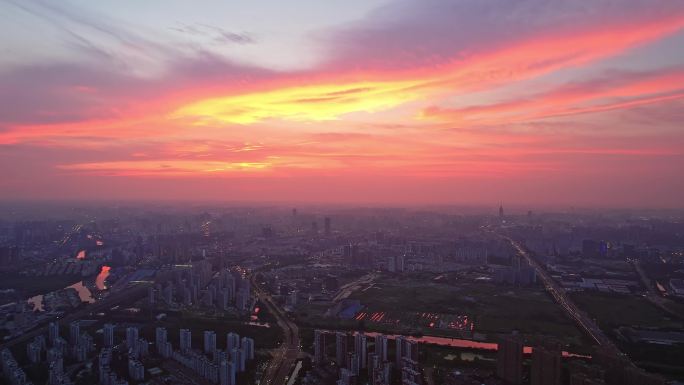 江苏常州城市风景黄昏天空晚霞航拍