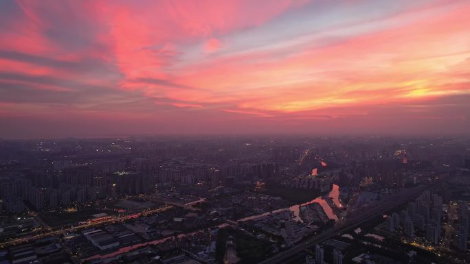 江苏常州城市风景黄昏天空晚霞航拍