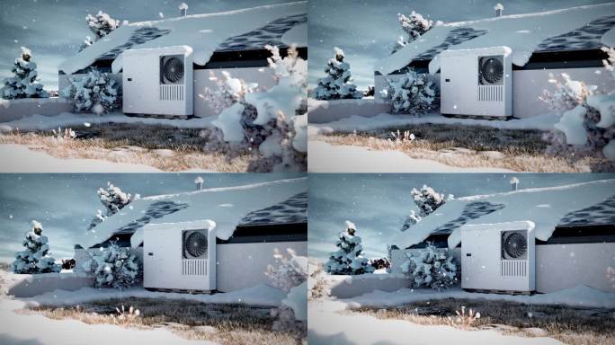 一个热泵对着白雪覆盖的家庭墙壁:一个展示可再生能源的视频