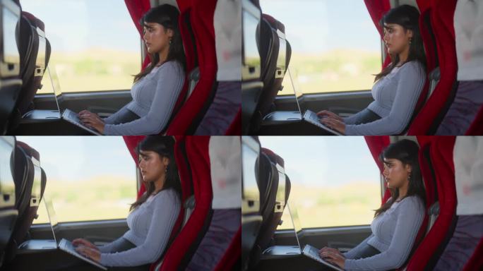 女乘客在公交车上使用笔记本电脑