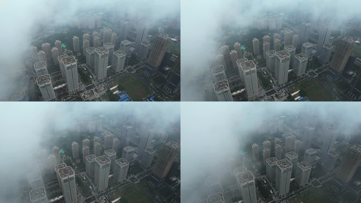 航拍云雾中武汉中央商务区CBD高楼街景