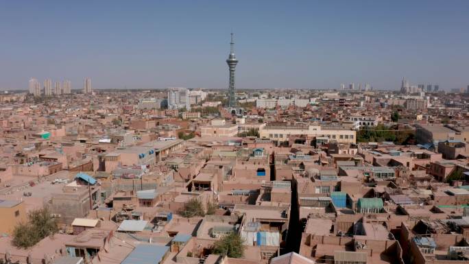 新疆喀什古城航拍4K新疆特色建筑群旅游