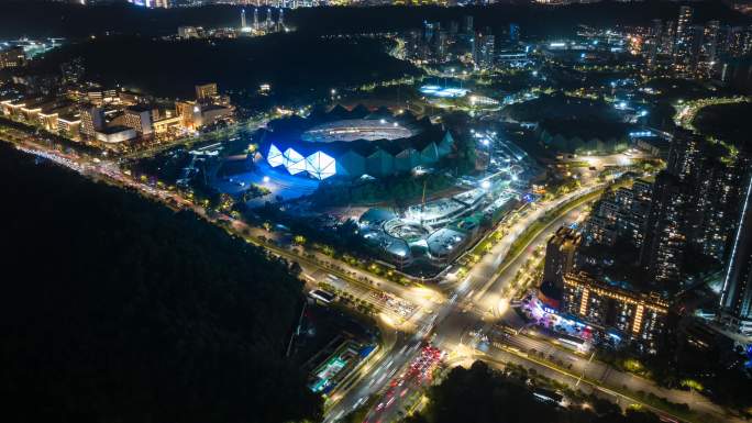 深圳龙岗区大运中心体育馆夜景航拍