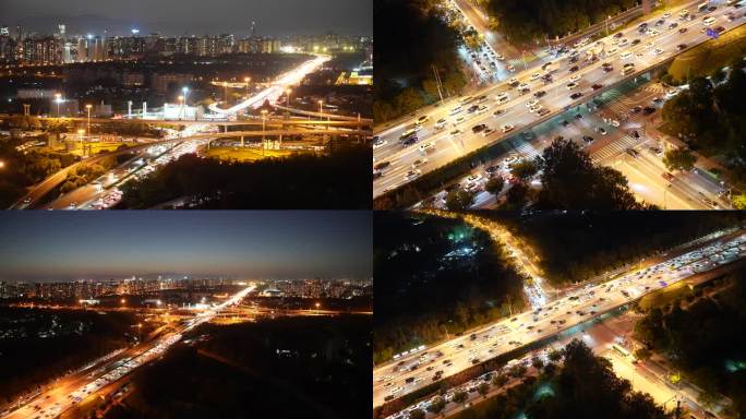4K-北京朝阳区四元桥车流夜景4合1镜头