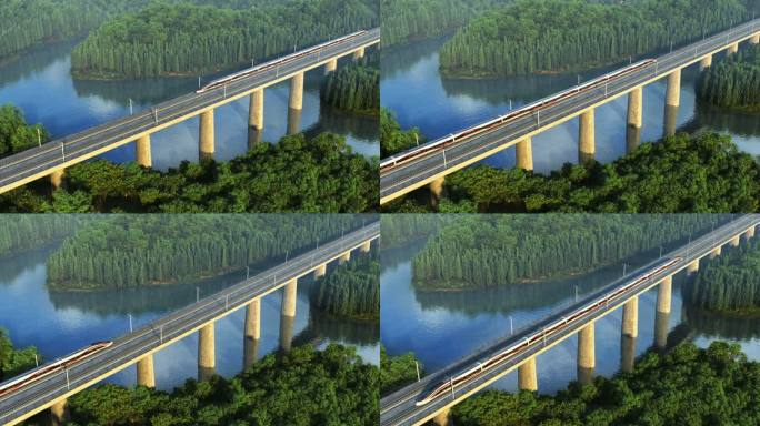 高铁桥高铁动车和谐号复兴号两车交汇鸟瞰