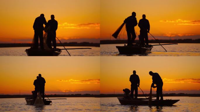 夕阳下湖面捕鱼渔船慢动作