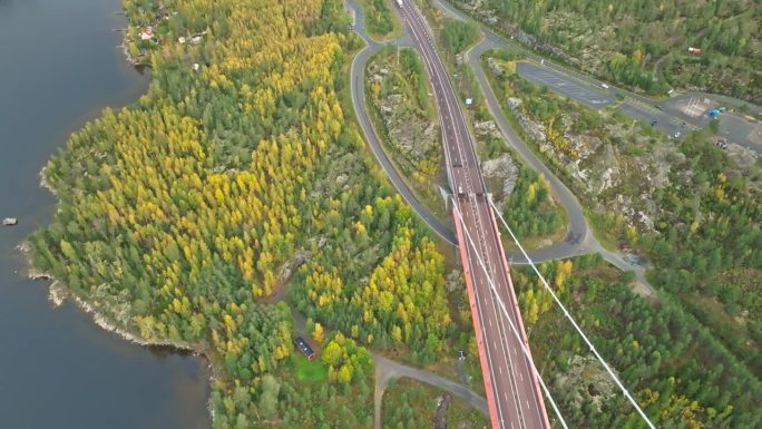通往Hogakustenbron大桥的公路，穿越瑞典的秋季林地。无人机航拍
