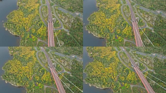 通往Hogakustenbron大桥的公路，穿越瑞典的秋季林地。无人机航拍