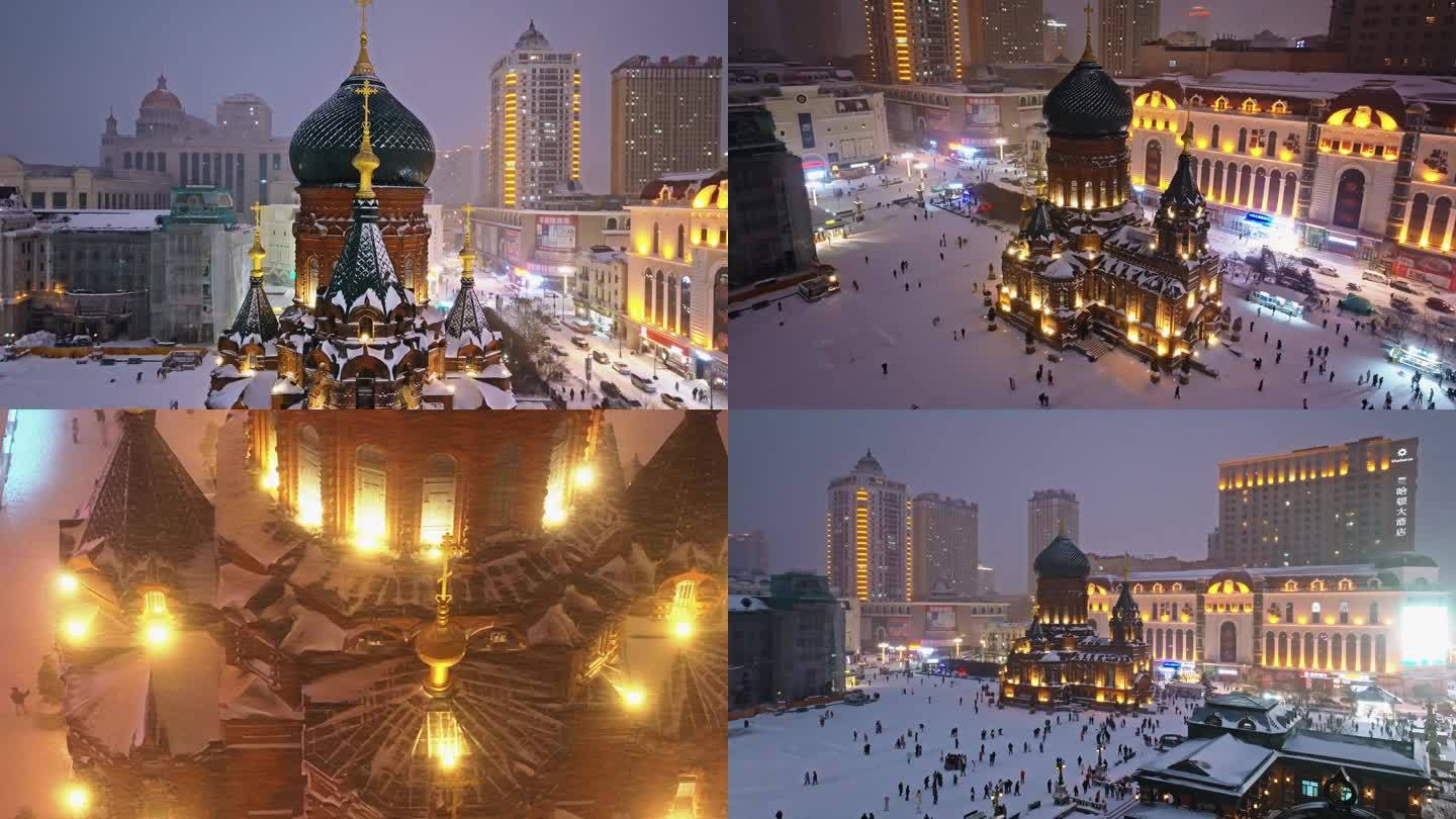 中国哈尔滨索菲亚教堂夜晚雪景航拍合集