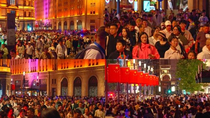 上海外滩南京路夜晚过街人潮人流