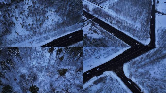 雪景中的公路和行驶的汽车