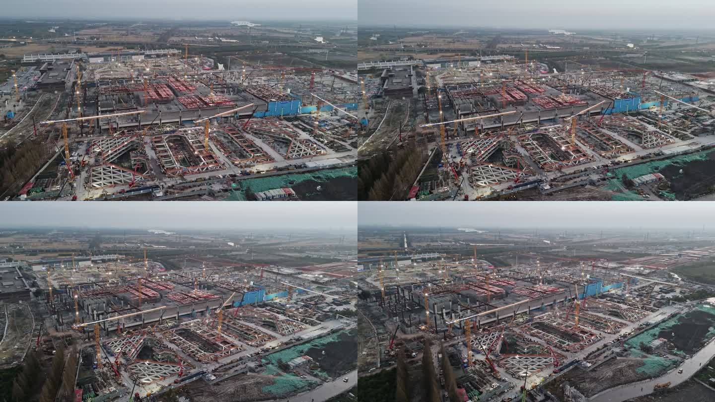 航拍鸟瞰上海松江枢纽建筑工地全景
