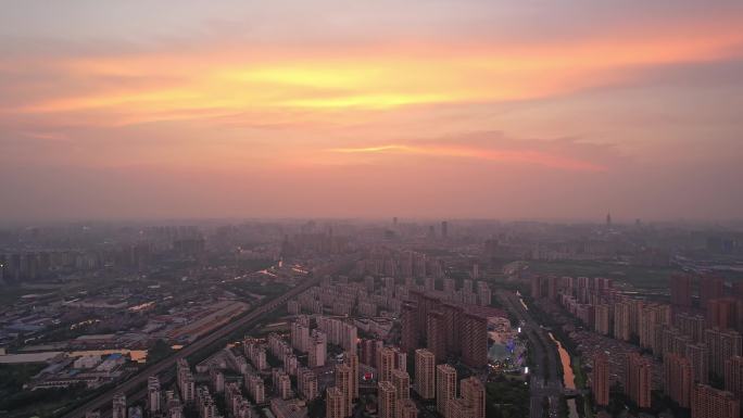 江苏常州城市风景黄昏天空晚霞航拍