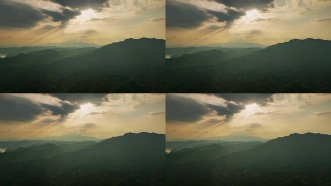唯美山水画风格黄昏日落群山美景4K航拍