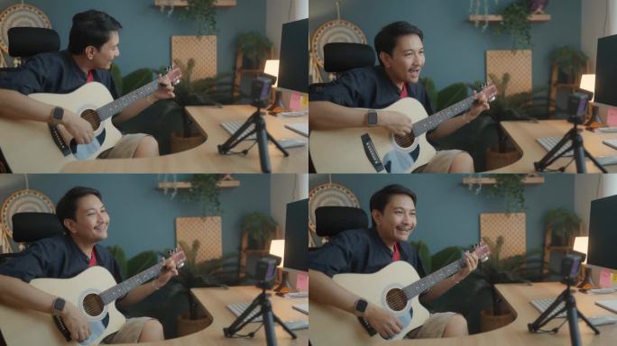 快乐的亚洲人教吉他在线学生在家庭工作室周末。