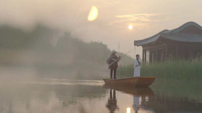 早上湖边日出古装美女升格、航拍画面