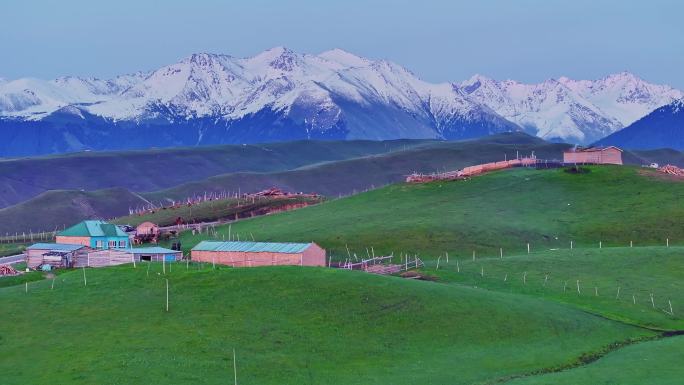 雪山下的草原村落（新疆航拍）
