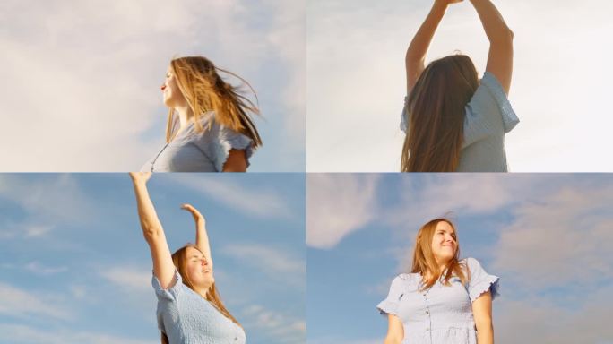 无忧无虑的女人举起双手，感觉自由，放松，在天空的背景下旋转。享受生活自由理念