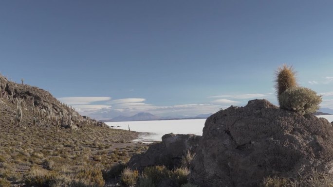 乌尤尼盐湖环绕着鱼岛佩斯卡多岛，位于世界上最大的盐滩上，位于玻利维亚安第斯山脉的高海拔地区。