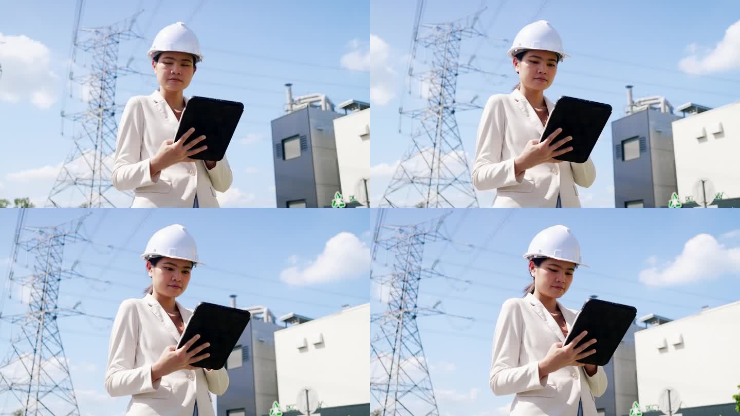 一位戴着防护头盔、身穿白色工作服的女电气工程师在一家电厂的工作现场。