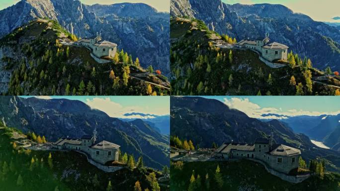 Kehlsteinhaus位于多岩石的阿尔卑斯山脉顶部，空中轨道视图