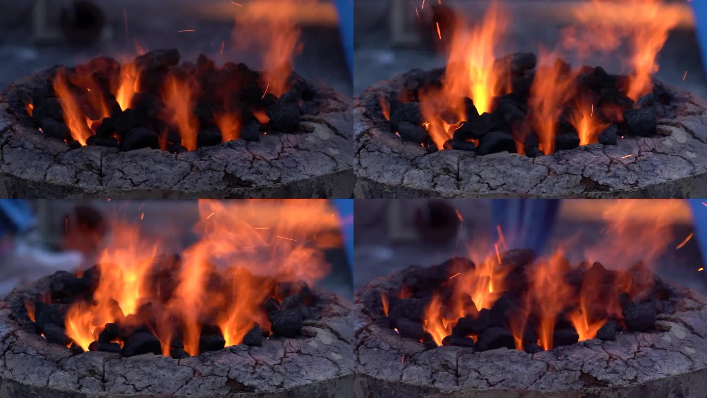 4K碳燃烧木炭石炭燃烧实拍视频