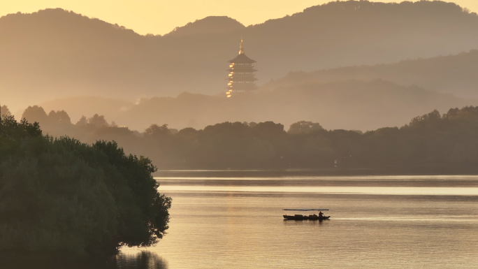 杭州西湖清晨日出航拍