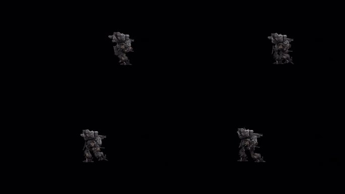 详细的机器人3D模型，战士未来机器渲染动画，操纵骨骼结构向后行走，黑暗背景叠加视频用于阿尔法哑光混合
