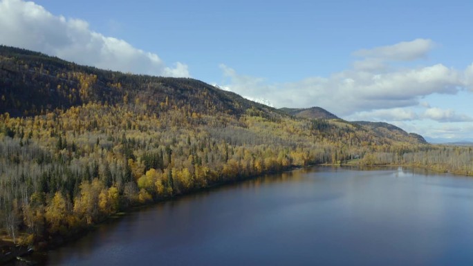 在秋天的几个月里，不列颠哥伦比亚省北部史密瑟斯的西摩湖的高空移动无人机拍摄。
