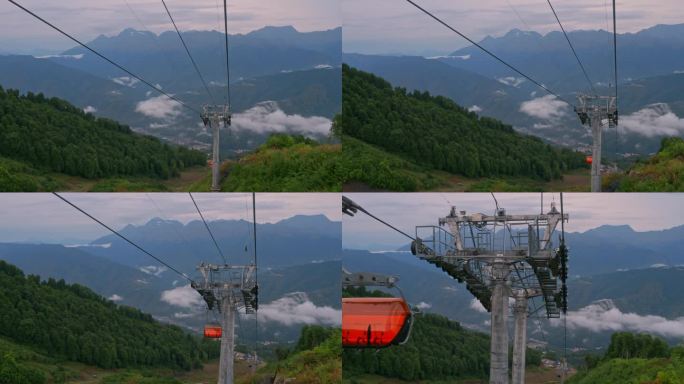 山中的缆车舱沿着缆索行驶。夏日观光旅游。绳子升力。实时视频4k
