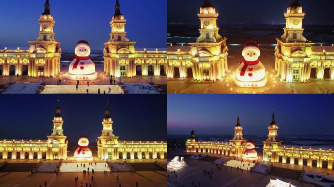 中国黑龙江哈尔滨音乐长廊大雪人航拍合集