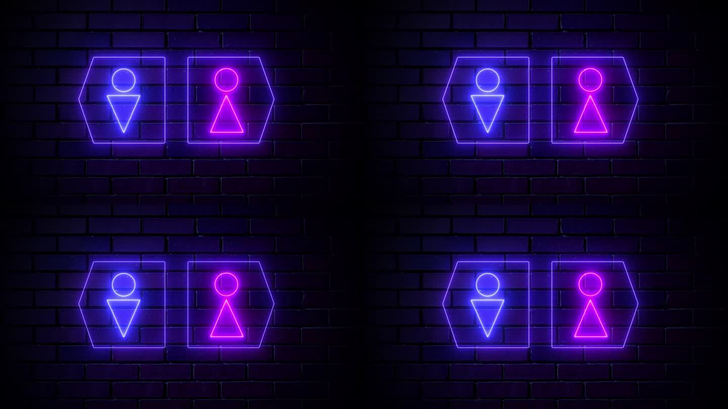 男女厕所霓虹灯符号与现代图标和发光的箭头方向(举右)在暗砖背景。未来的电动公共厕所设计发光灯动画