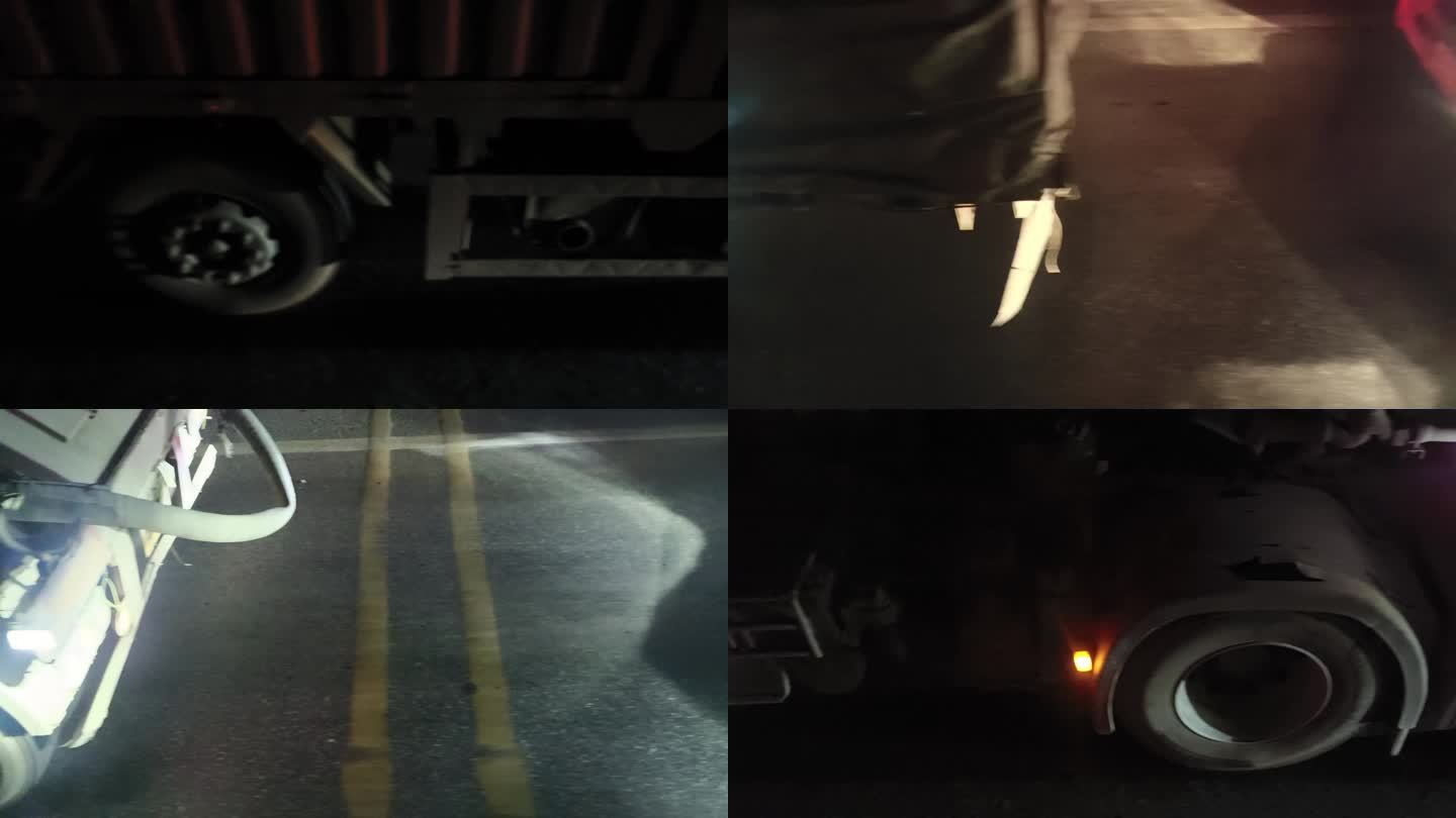 夜晚行车货车的轮胎近距离拍摄特写货车车轮