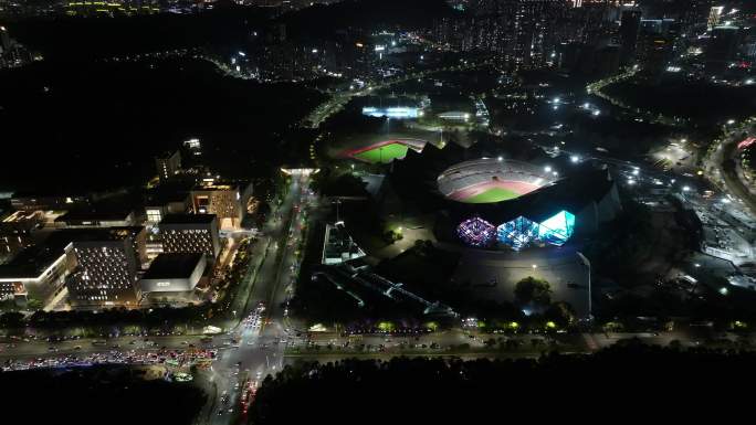 深圳龙岗区大运中心体育馆夜景航拍