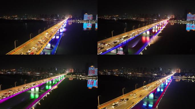 航拍襄阳汉江长虹大桥道路交通城市夜景风光