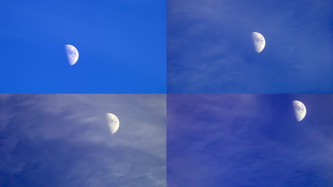 半月形在蓝天上飘过，有一些云，半月形在黄昏。