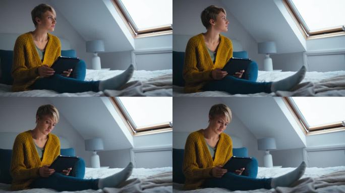 年轻女子坐在家里的床上看电子平板电脑